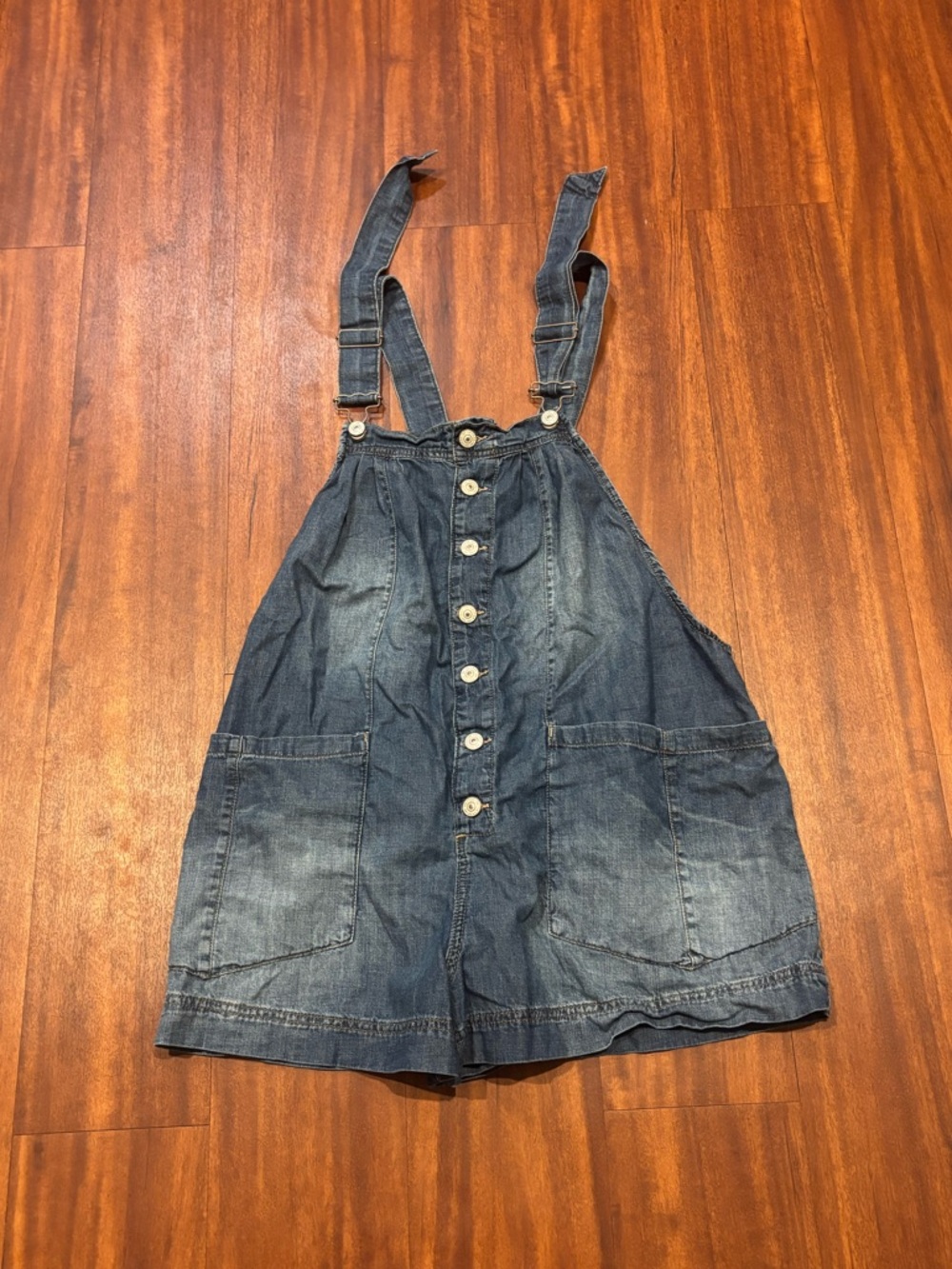 Free People Denim Button-Front Short Overalls in Faded Blue